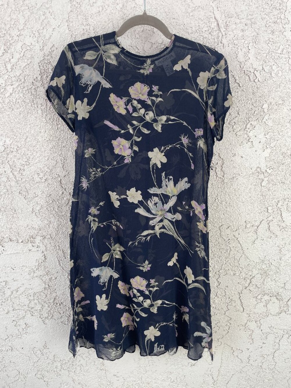 Vintage Ann Taylor 8P Silk Floral Shift Mini Dress Raw Hem 90s Y2K Navy Blue